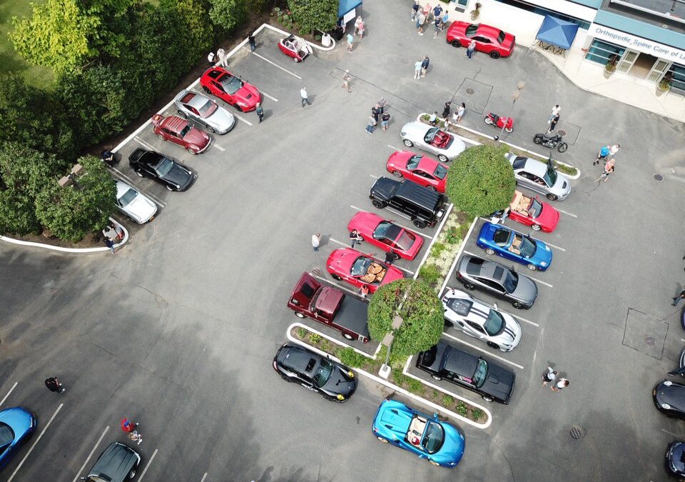 Aerial view of the car show fundraiser, held at the Orthopedic Spine Care of Long Island building.