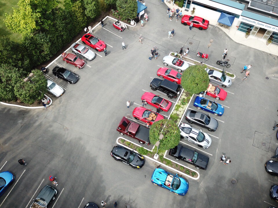 Aerial view of the car show fundraiser, held at the Orthopedic Spine Care of Long Island building.